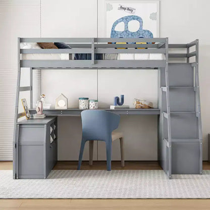 Lit mezzanine pleine taille Whisen avec 7 tiroirs, 2 étagères et bureau, construction solide