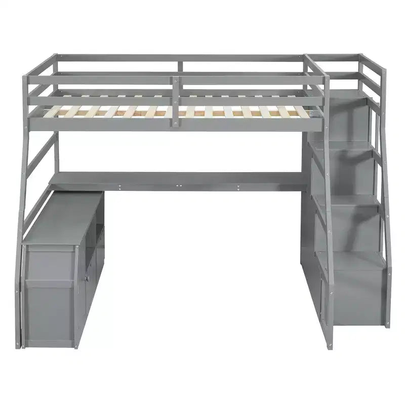 Lit mezzanine pleine taille Whisen avec 7 tiroirs, 2 étagères et bureau, construction solide