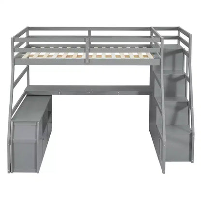 Lit mezzanine pleine taille Whisen avec 7 tiroirs, 2 étagères et bureau, construction solide
