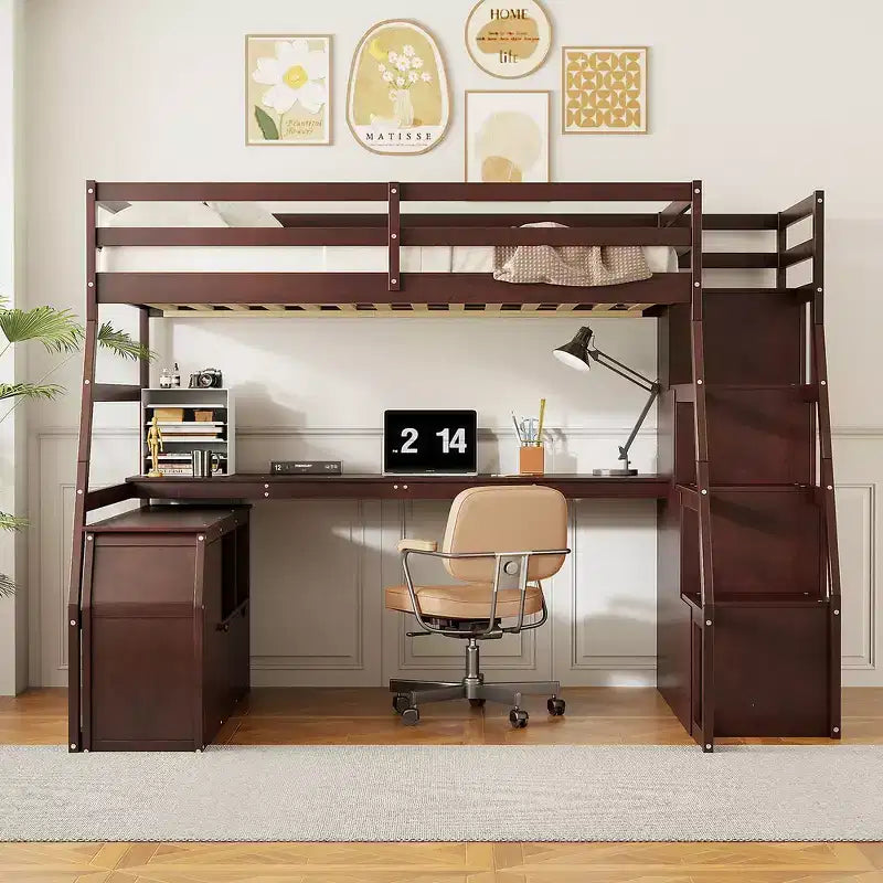 Lit mezzanine pleine taille Whisen avec 7 tiroirs, 2 étagères et bureau, construction solide