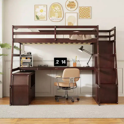Lit mezzanine pleine taille Whisen avec 7 tiroirs, 2 étagères et bureau, construction solide