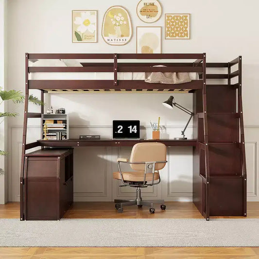 Lit mezzanine pleine taille Whisen avec 7 tiroirs, 2 étagères et bureau, construction solide