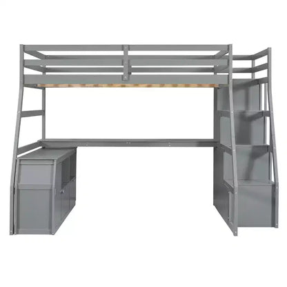 Lit mezzanine pleine taille Whisen avec 7 tiroirs, 2 étagères et bureau, construction solide