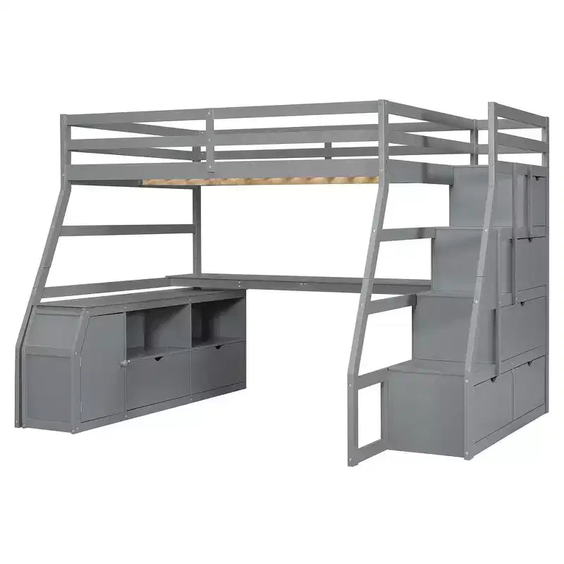 Lit mezzanine pleine taille Whisen avec 7 tiroirs, 2 étagères et bureau, construction solide