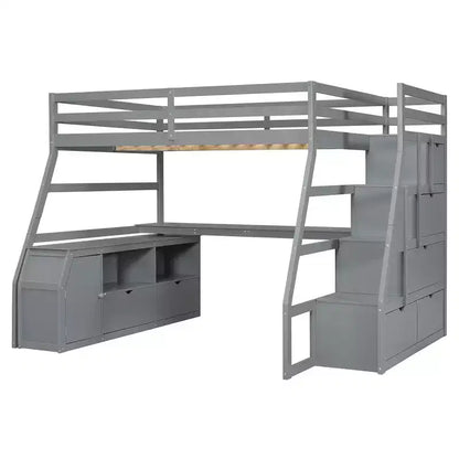 Lit mezzanine pleine taille Whisen avec 7 tiroirs, 2 étagères et bureau, construction solide