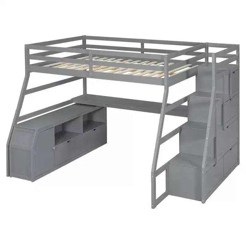 Lit mezzanine pleine taille Whisen avec 7 tiroirs, 2 étagères et bureau, construction solide