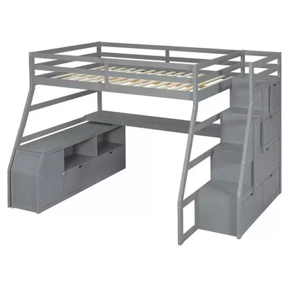 Lit mezzanine pleine taille Whisen avec 7 tiroirs, 2 étagères et bureau, construction solide