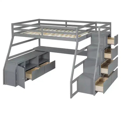 Lit mezzanine pleine taille Whisen avec 7 tiroirs, 2 étagères et bureau, construction solide