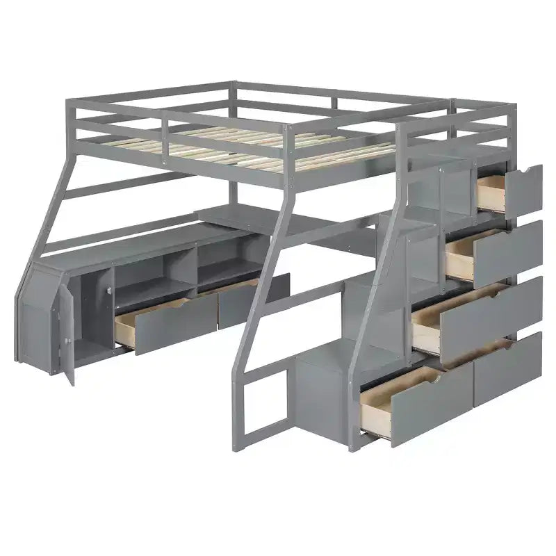 Lit mezzanine pleine taille Whisen avec 7 tiroirs, 2 étagères et bureau, construction solide