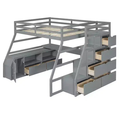 Lit mezzanine pleine taille Whisen avec 7 tiroirs, 2 étagères et bureau, construction solide