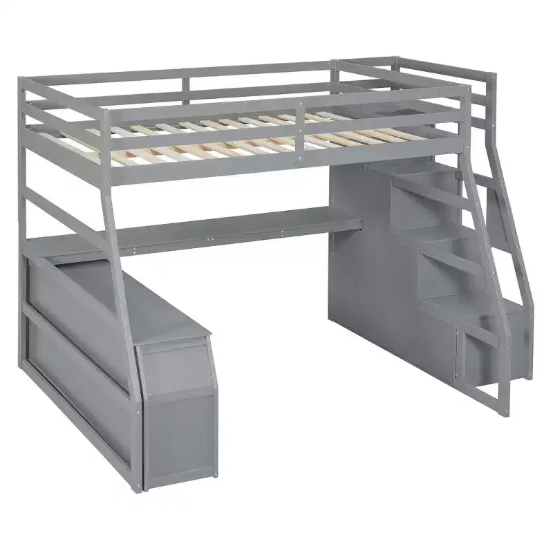 Lit mezzanine pleine taille Whisen avec 7 tiroirs, 2 étagères et bureau, construction solide