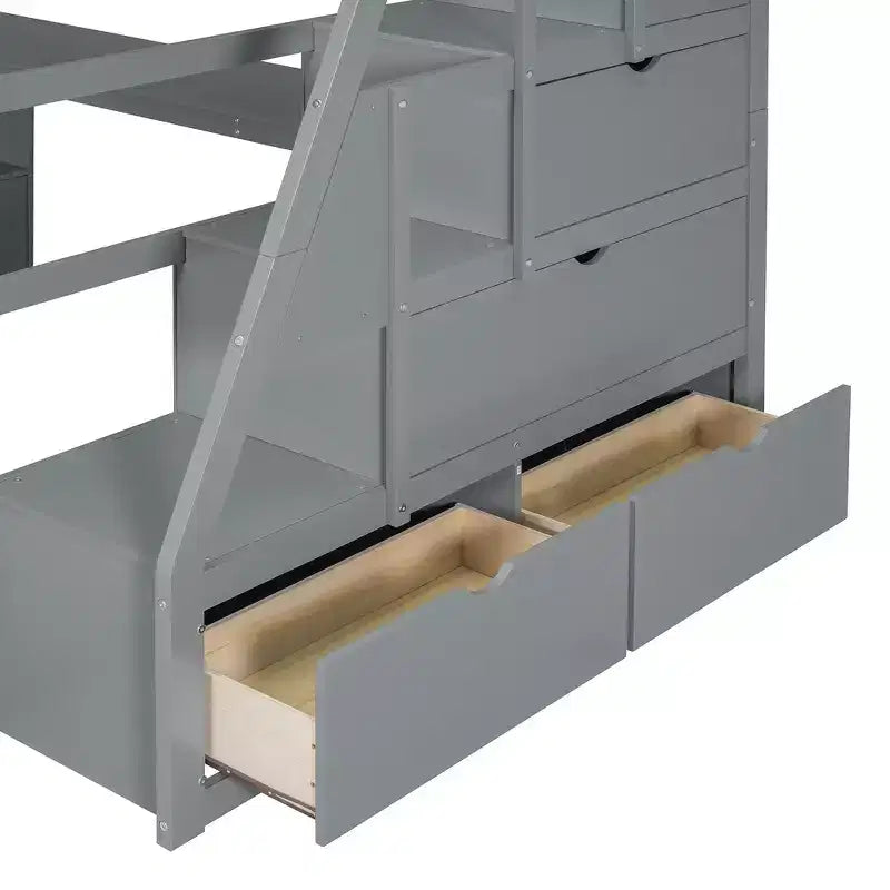 Lit mezzanine pleine taille Whisen avec 7 tiroirs, 2 étagères et bureau, construction solide