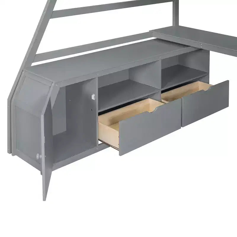 Lit mezzanine pleine taille Whisen avec 7 tiroirs, 2 étagères et bureau, construction solide