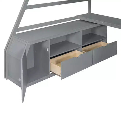 Lit mezzanine pleine taille Whisen avec 7 tiroirs, 2 étagères et bureau, construction solide