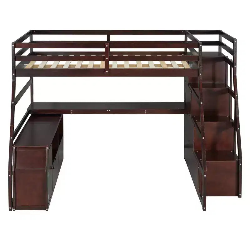 Lit mezzanine pleine taille Whisen avec 7 tiroirs, 2 étagères et bureau, construction solide