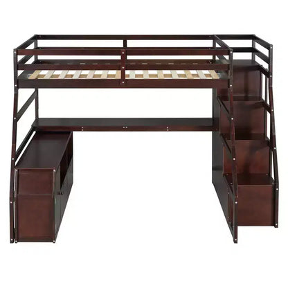 Lit mezzanine pleine taille Whisen avec 7 tiroirs, 2 étagères et bureau, construction solide