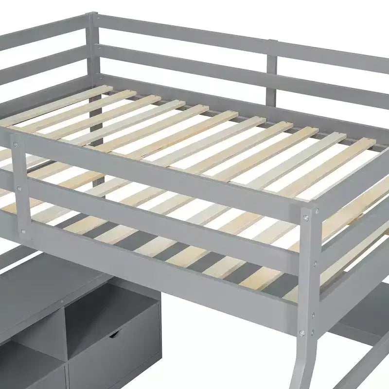Lit mezzanine pleine taille Whisen avec 7 tiroirs, 2 étagères et bureau, construction solide
