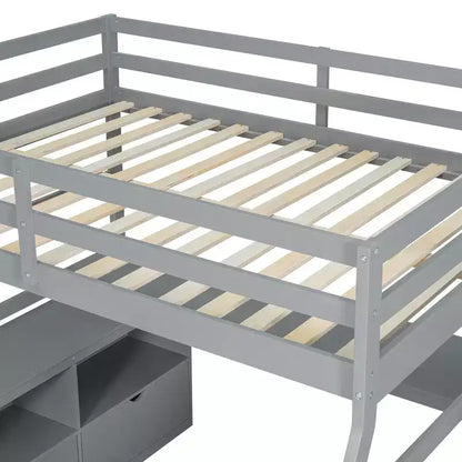 Lit mezzanine pleine taille Whisen avec 7 tiroirs, 2 étagères et bureau, construction solide
