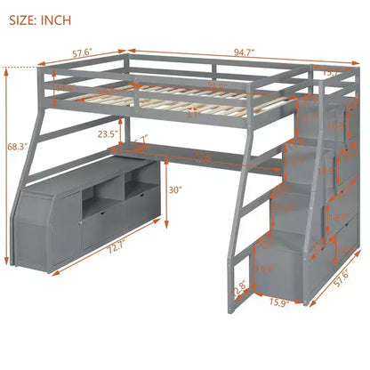 Lit mezzanine pleine taille Whisen avec 7 tiroirs, 2 étagères et bureau, construction solide