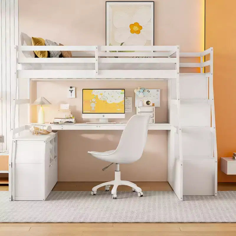 Lit mezzanine pleine taille Whisen avec 7 tiroirs, 2 étagères et bureau, construction solide
