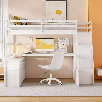 Lit mezzanine pleine taille Whisen avec 7 tiroirs, 2 étagères et bureau, construction solide