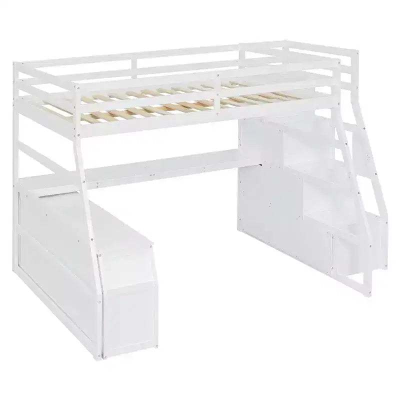 Lit mezzanine pleine taille Whisen avec 7 tiroirs, 2 étagères et bureau, construction solide