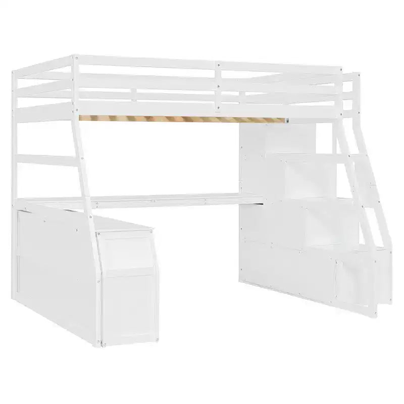 Lit mezzanine pleine taille Whisen avec 7 tiroirs, 2 étagères et bureau, construction solide