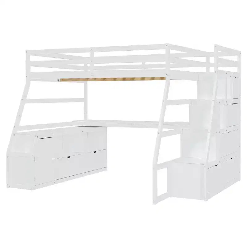 Lit mezzanine pleine taille Whisen avec 7 tiroirs, 2 étagères et bureau, construction solide
