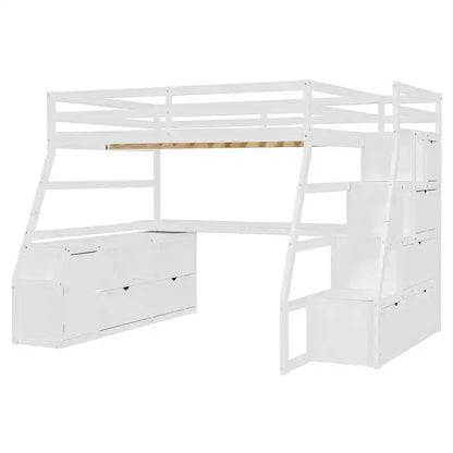 Lit mezzanine pleine taille Whisen avec 7 tiroirs, 2 étagères et bureau, construction solide