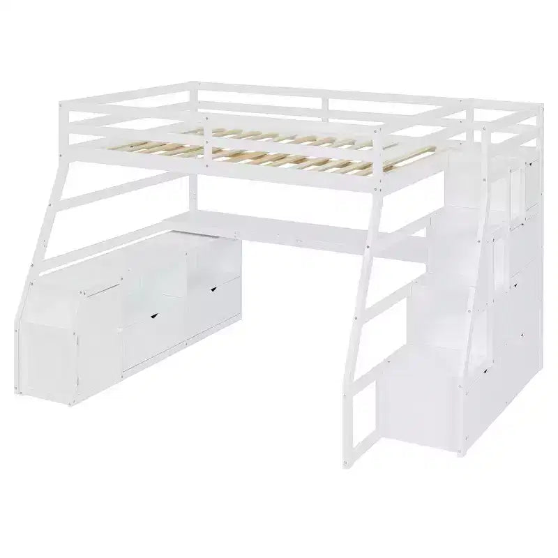 Lit mezzanine pleine taille Whisen avec 7 tiroirs, 2 étagères et bureau, construction solide