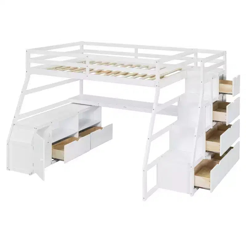 Lit mezzanine pleine taille Whisen avec 7 tiroirs, 2 étagères et bureau, construction solide