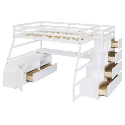 Lit mezzanine pleine taille Whisen avec 7 tiroirs, 2 étagères et bureau, construction solide