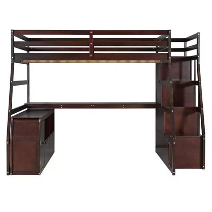 Lit mezzanine pleine taille Whisen avec 7 tiroirs, 2 étagères et bureau, construction solide