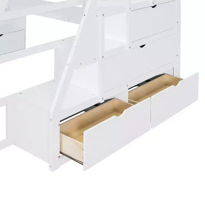 Lit mezzanine pleine taille Whisen avec 7 tiroirs, 2 étagères et bureau, construction solide