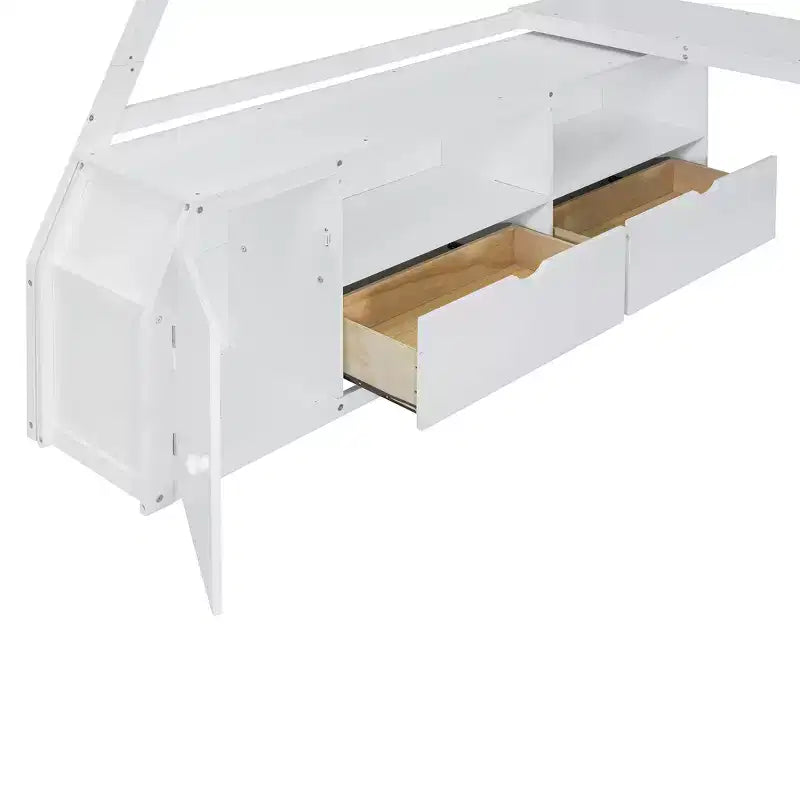 Lit mezzanine pleine taille Whisen avec 7 tiroirs, 2 étagères et bureau, construction solide
