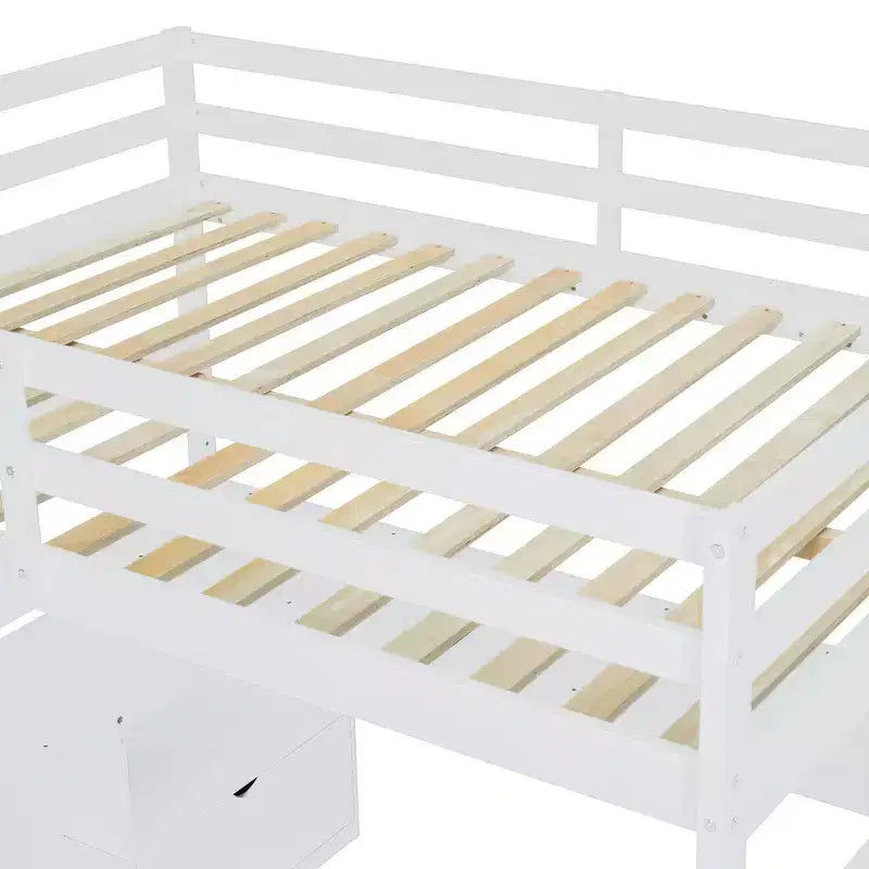 Lit mezzanine pleine taille Whisen avec 7 tiroirs, 2 étagères et bureau, construction solide