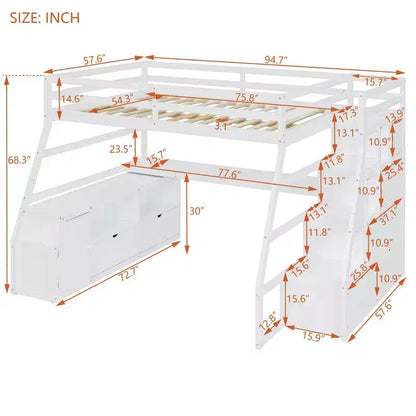 Lit mezzanine pleine taille Whisen avec 7 tiroirs, 2 étagères et bureau, construction solide