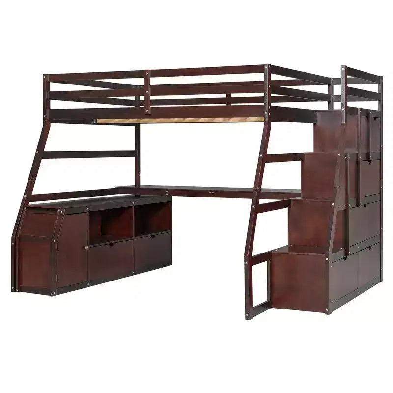 Lit mezzanine pleine taille Whisen avec 7 tiroirs, 2 étagères et bureau, construction solide
