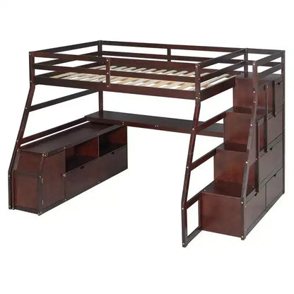 Lit mezzanine pleine taille Whisen avec 7 tiroirs, 2 étagères et bureau, construction solide