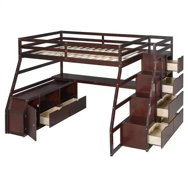 Lit mezzanine pleine taille Whisen avec 7 tiroirs, 2 étagères et bureau, construction solide