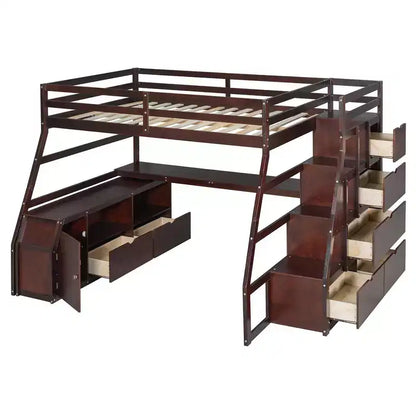 Lit mezzanine pleine taille Whisen avec 7 tiroirs, 2 étagères et bureau, construction solide