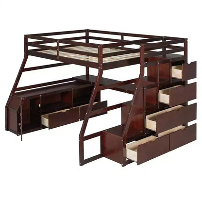 Lit mezzanine pleine taille Whisen avec 7 tiroirs, 2 étagères et bureau, construction solide