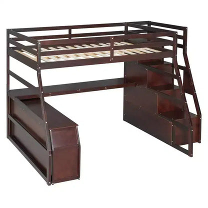 Lit mezzanine pleine taille Whisen avec 7 tiroirs, 2 étagères et bureau, construction solide