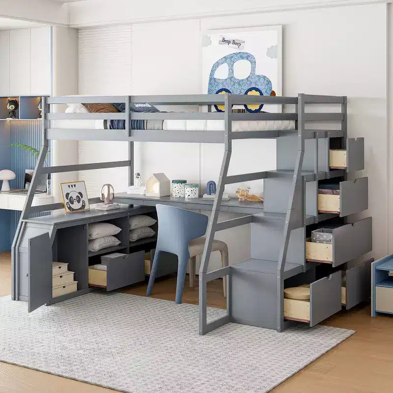 Lit mezzanine pleine taille Whisen avec 7 tiroirs, 2 étagères et bureau, construction solide