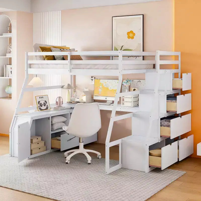 Lit mezzanine pleine taille Whisen avec 7 tiroirs, 2 étagères et bureau, construction solide