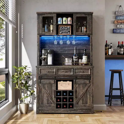 72in Tall Modern Farmhouse Coffee Bar Cabinet, Kitchen Buffet with Sliding Barn Doors, LED Lights, Power Outlets, Drawers, Wine Glass Rack