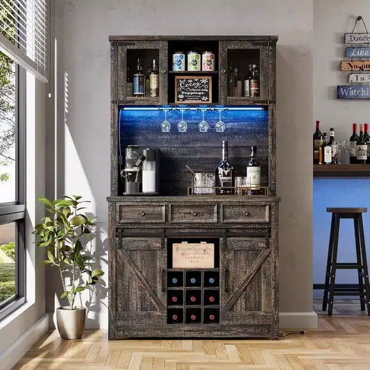 72in Tall Modern Farmhouse Coffee Bar Cabinet, Kitchen Buffet with Sliding Barn Doors, LED Lights, Power Outlets, Drawers, Wine Glass Rack