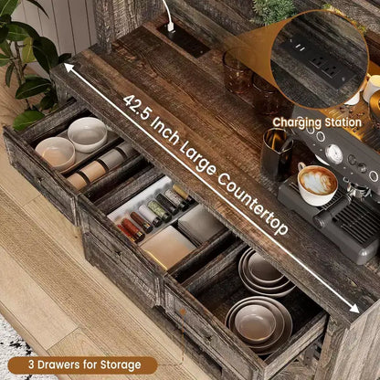Meuble de bar à café de ferme moderne de 183 cm de haut, buffet de cuisine avec portes coulissantes de grange, lumières LED, prises de courant, tiroirs, porte-verres à vin