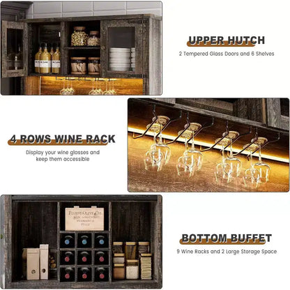 Meuble de bar à café de ferme moderne de 183 cm de haut, buffet de cuisine avec portes coulissantes de grange, lumières LED, prises de courant, tiroirs, porte-verres à vin