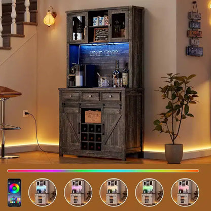 Meuble de bar à café de ferme moderne de 183 cm de haut, buffet de cuisine avec portes coulissantes de grange, lumières LED, prises de courant, tiroirs, porte-verres à vin